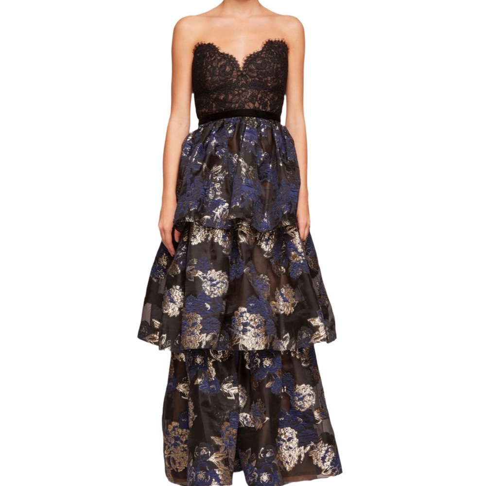 Marchesa Notte tiered black and gold Brocade gown size 10